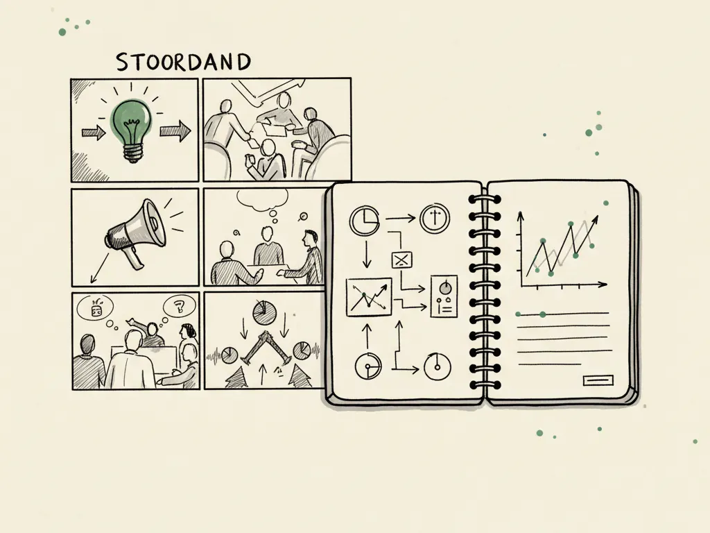 A hand-drawn storyboard of several ad creative variants arranged beside an open experiment notebook with notes.