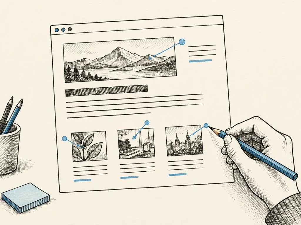 A hand-drawn page with orderly heading blocks, a labeled URL bar, and small annotated image placeholders.