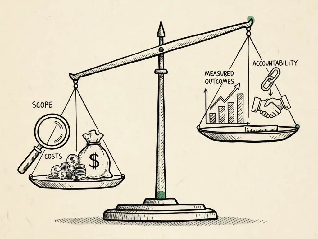 An ink-drawn scale balancing icons for scope, cost, measured outcomes, and accountability.