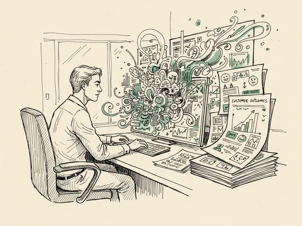 A hand-drawn analyst reviewing an ink-sketched dashboard beside a notebook of customer outcome notes.