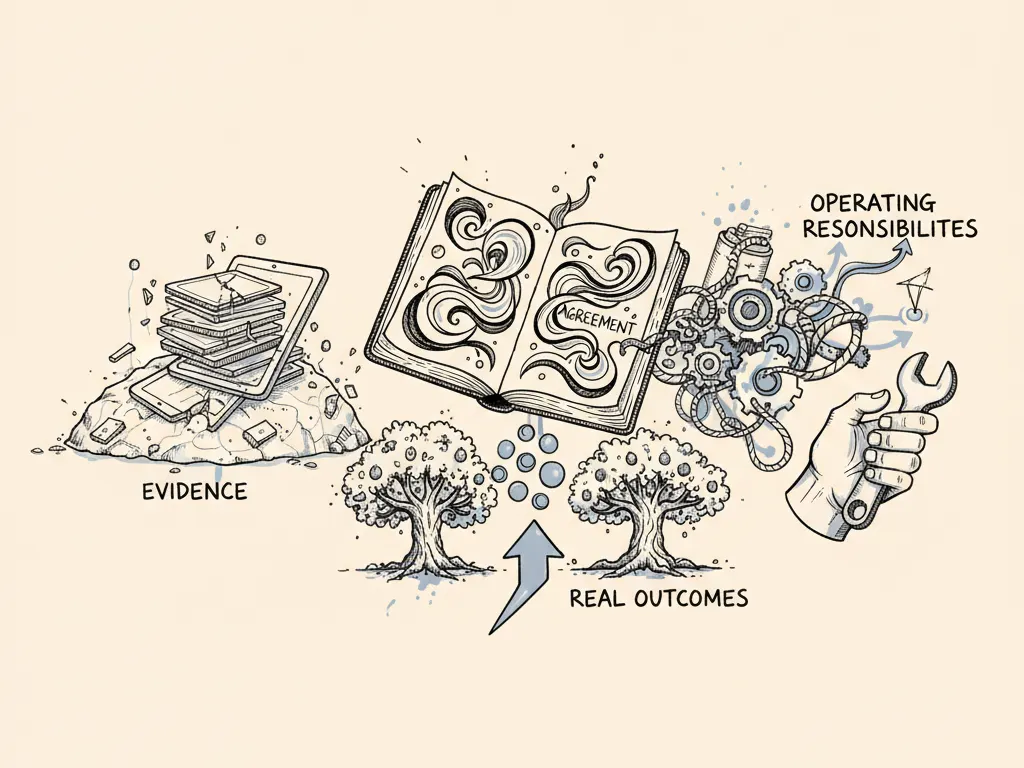 A hand-drawn ink illustration of an agreement notebook balanced on a scale against evidence documents, operating responsibilities, and real outcomes.