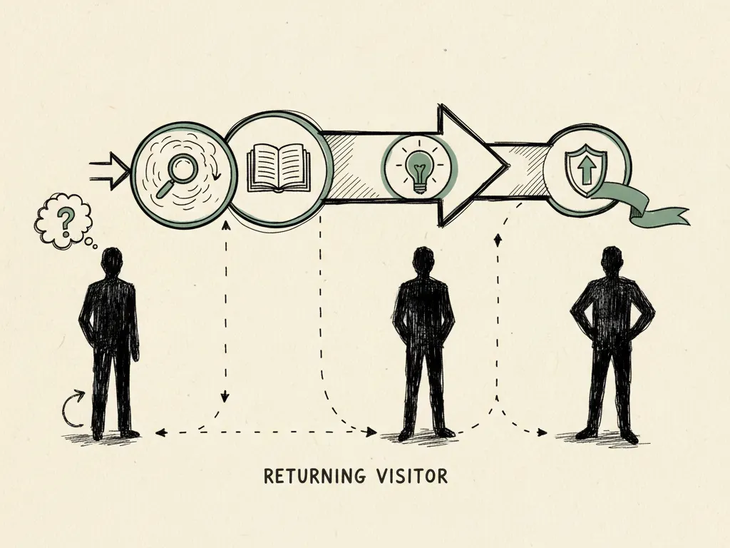 A hand-drawn returning website visitor receiving a different, more relevant message at each stage of their journey.