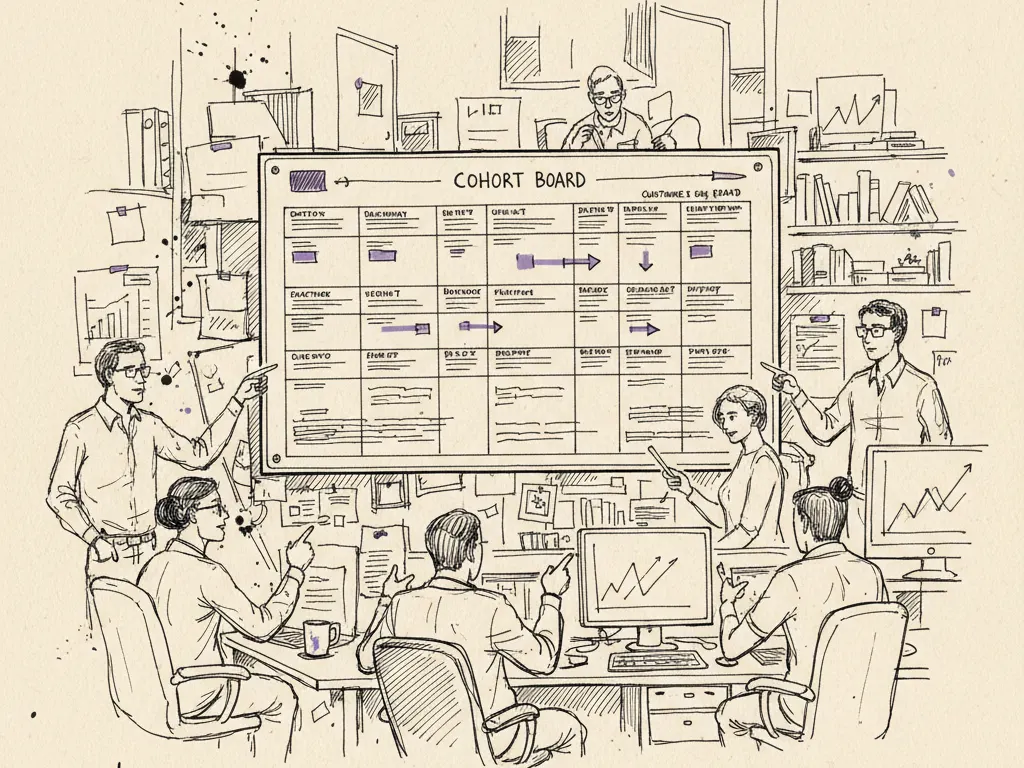 A precisely rendered cohort retention table embedded in a hand-drawn scene of an analyst studying charts at a desk.