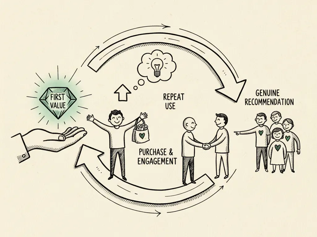 An ink-drawn customer journey looping from a first moment of value through repeat use and into a genuine recommendation to a friend.