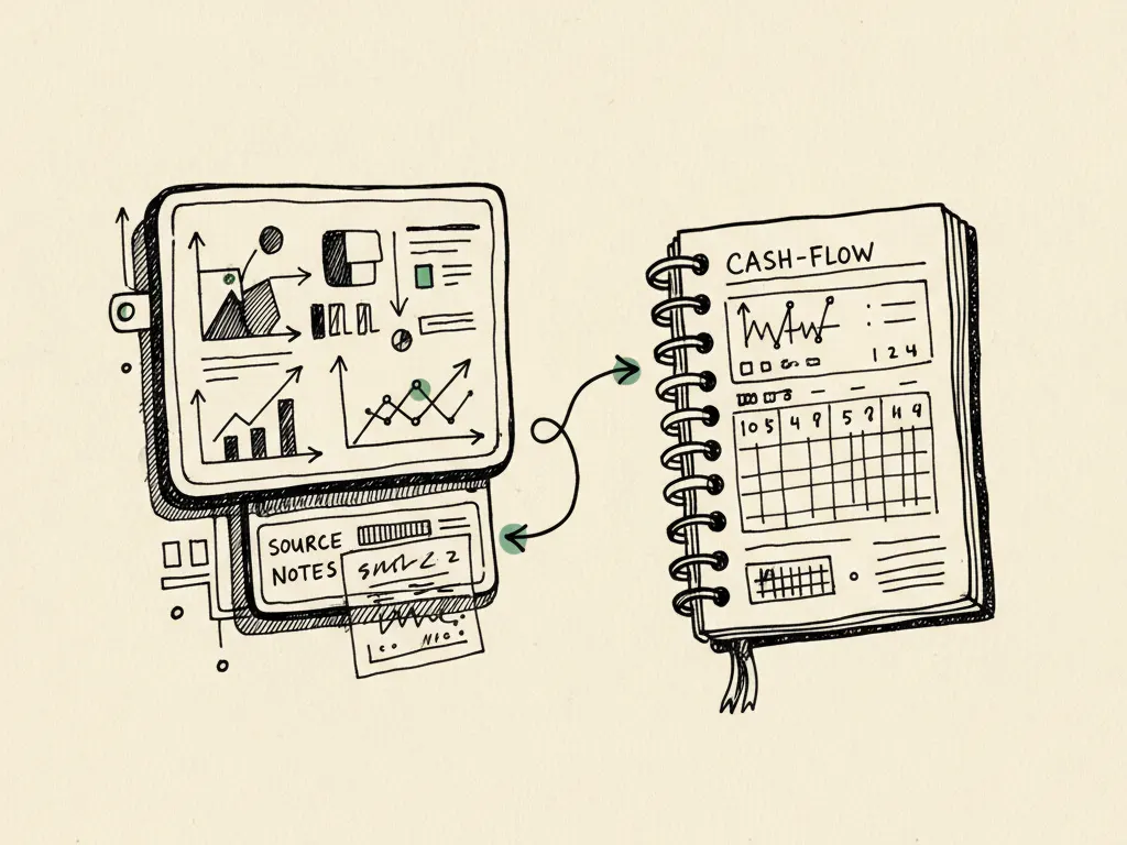 A hand-drawn analyst's dashboard with visible source notes on each chart beside an open cash-flow notebook.