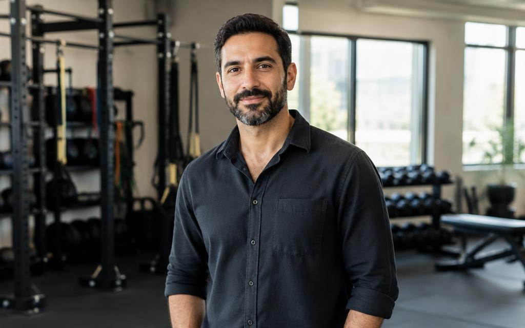 Omar Farouk, chief marketing officer of Halcyon Fitness, standing in a gym with training racks and dumbbells behind him.