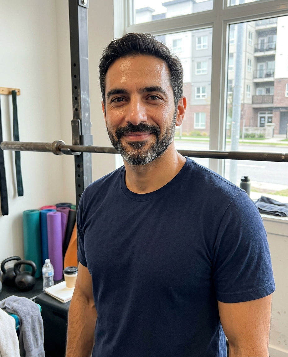 Omar Farouk, chief marketing officer of Halcyon Fitness, smiling casually beside a training rack in a neighborhood gym.