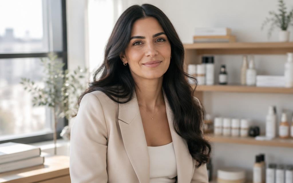 Layla Haddad, founder of Nordwell, smiling in a bright skincare studio with product shelves and a city view behind her.