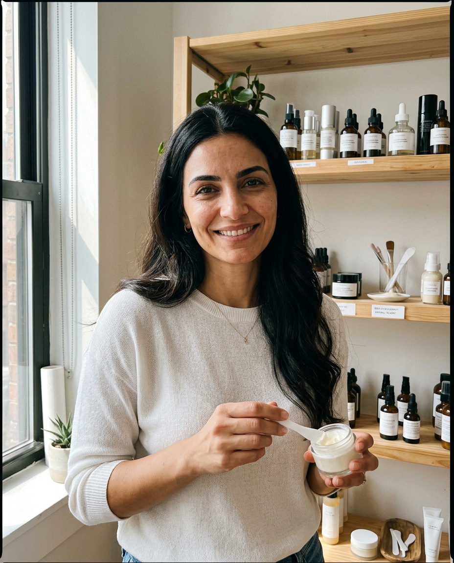 Layla Haddad, founder of Nordwell, holding a skincare sample beside sunlit product shelves in her studio.