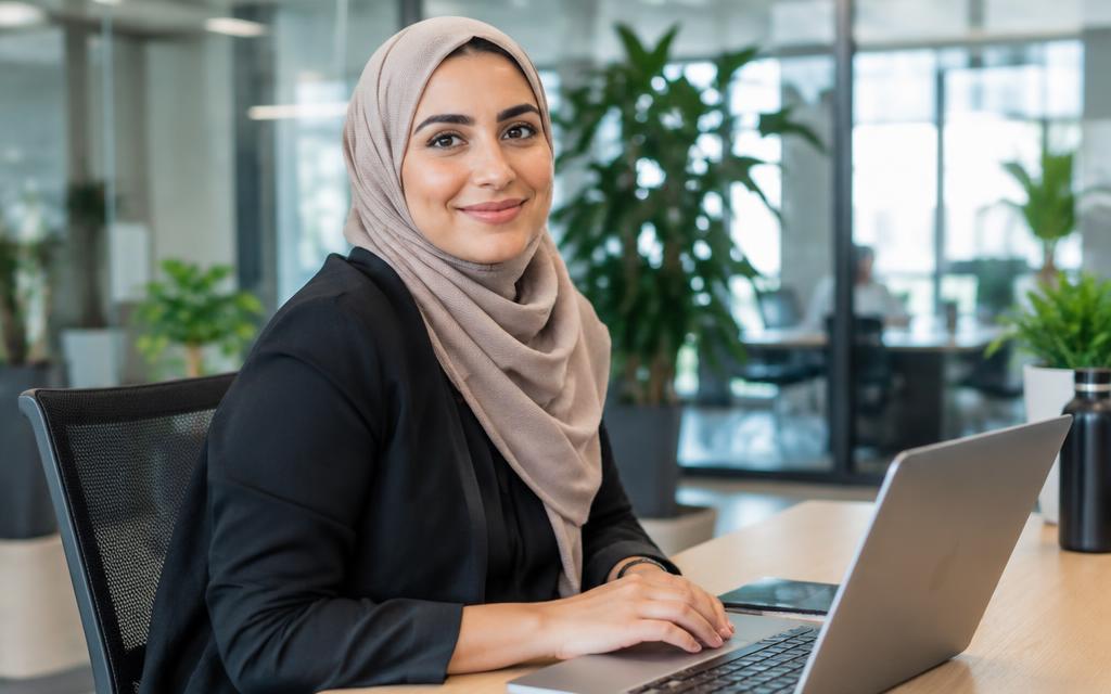 Rania Aziz, head of growth at Fleetly, smiling at her laptop in a modern glass-walled office.