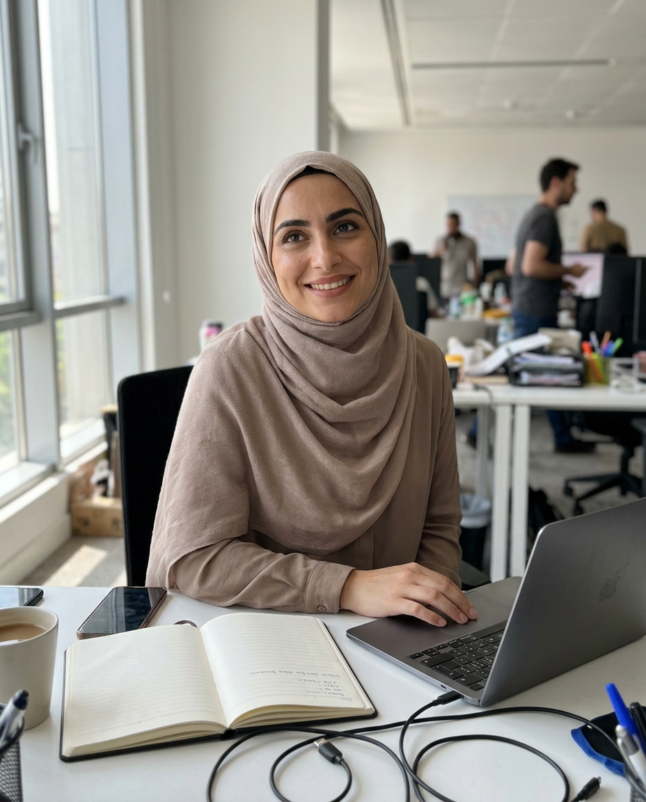 Rania Aziz, head of growth at Fleetly, smiling at her laptop during a normal workday in a shared office.