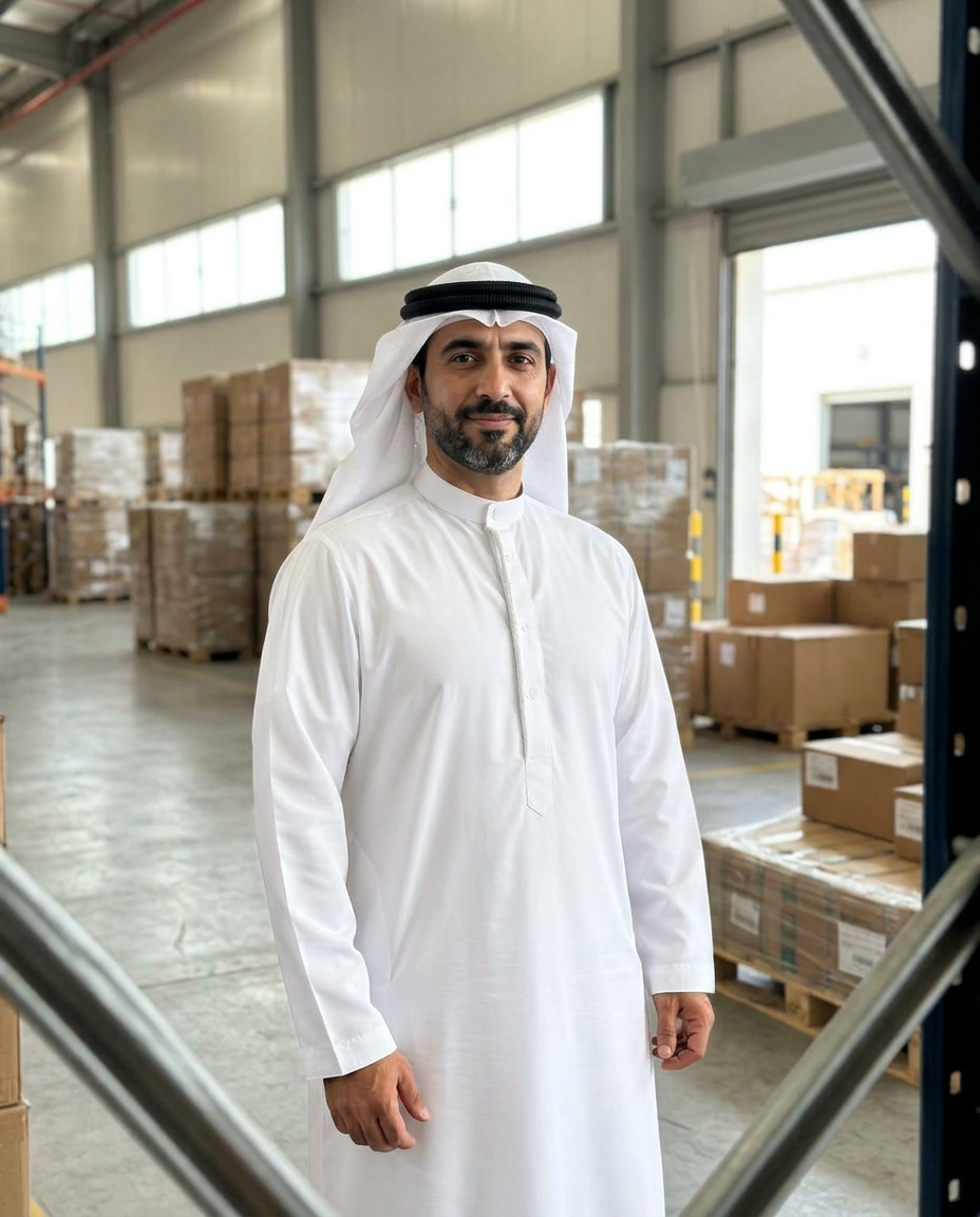 Khalid Al Mansoori, founder of Cargo Nine, standing among pallets during a fulfilment warehouse walk-through.