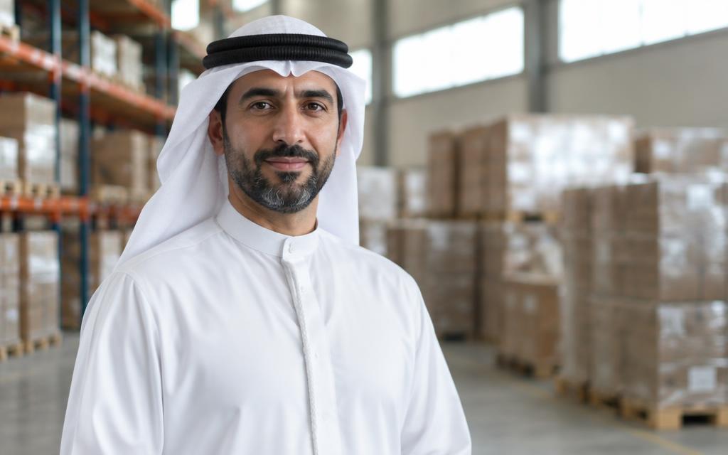 Khalid Al Mansoori, founder of Cargo Nine, in a white kandura inside a fulfilment warehouse with stacked pallets behind him.