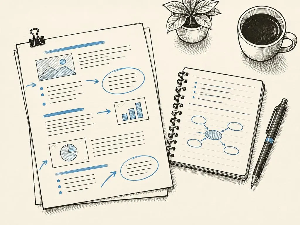 A hand-drawn, carefully marked-up content brief with underlines and arrows sitting beside a writer's open notebook.