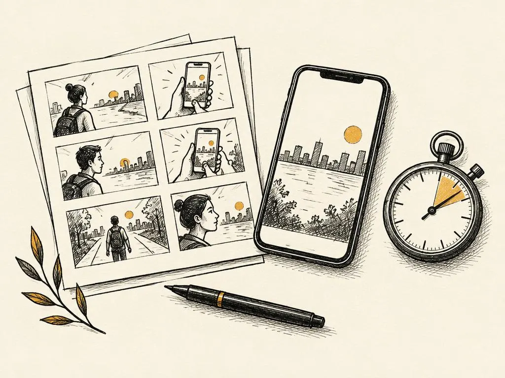 Hand-drawn storyboard frames laid out beside a phone and ink notes marking timing for each shot.