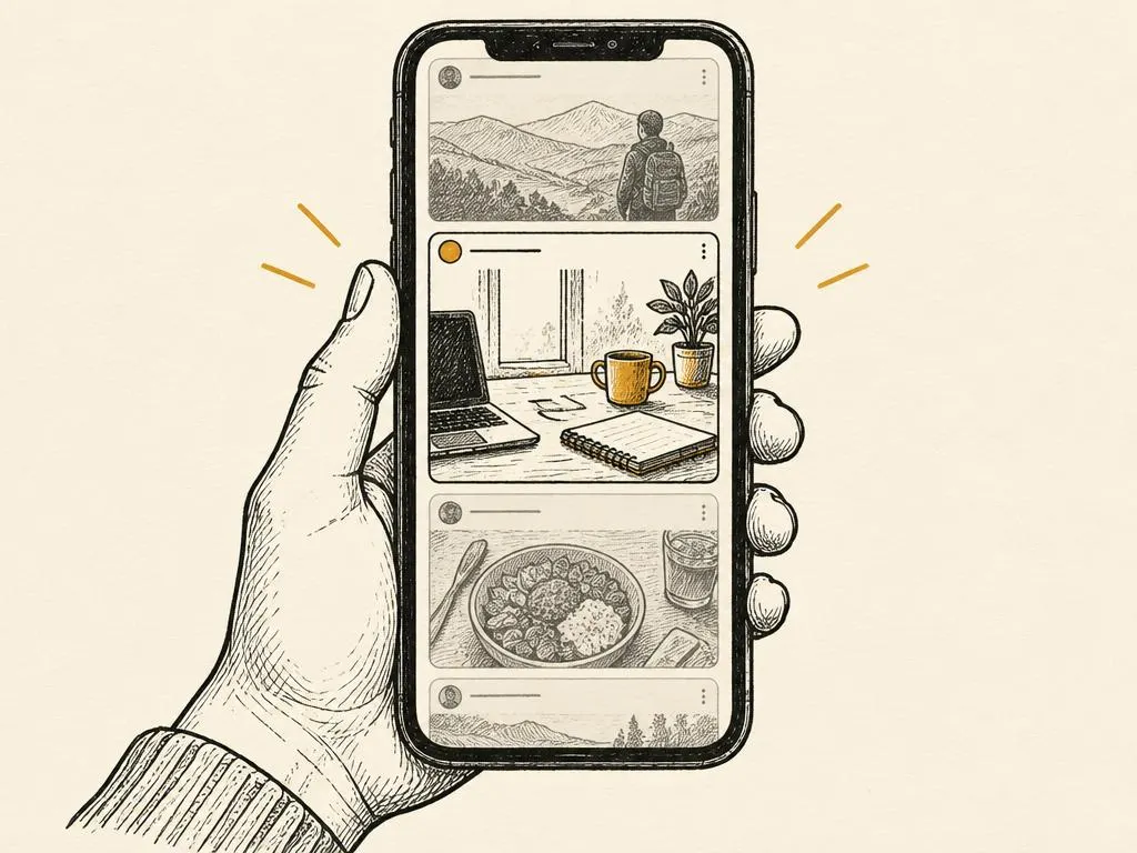 A hand-drawn phone feed paused mid-scroll by one clear, relevant opening panel standing out from the rest.