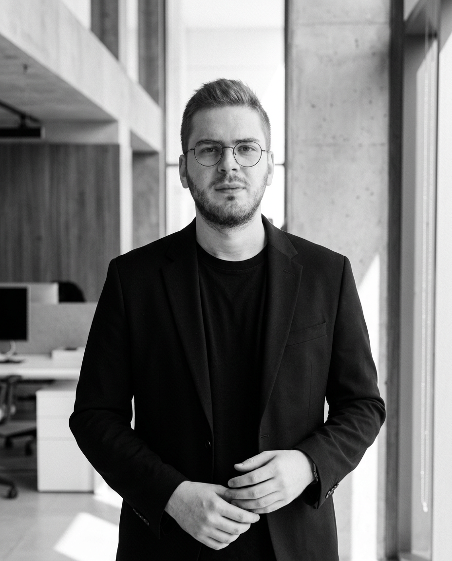 Ali Sarraj, CEO of Daut Labz, wearing round glasses and a black blazer in a concrete-and-glass office.