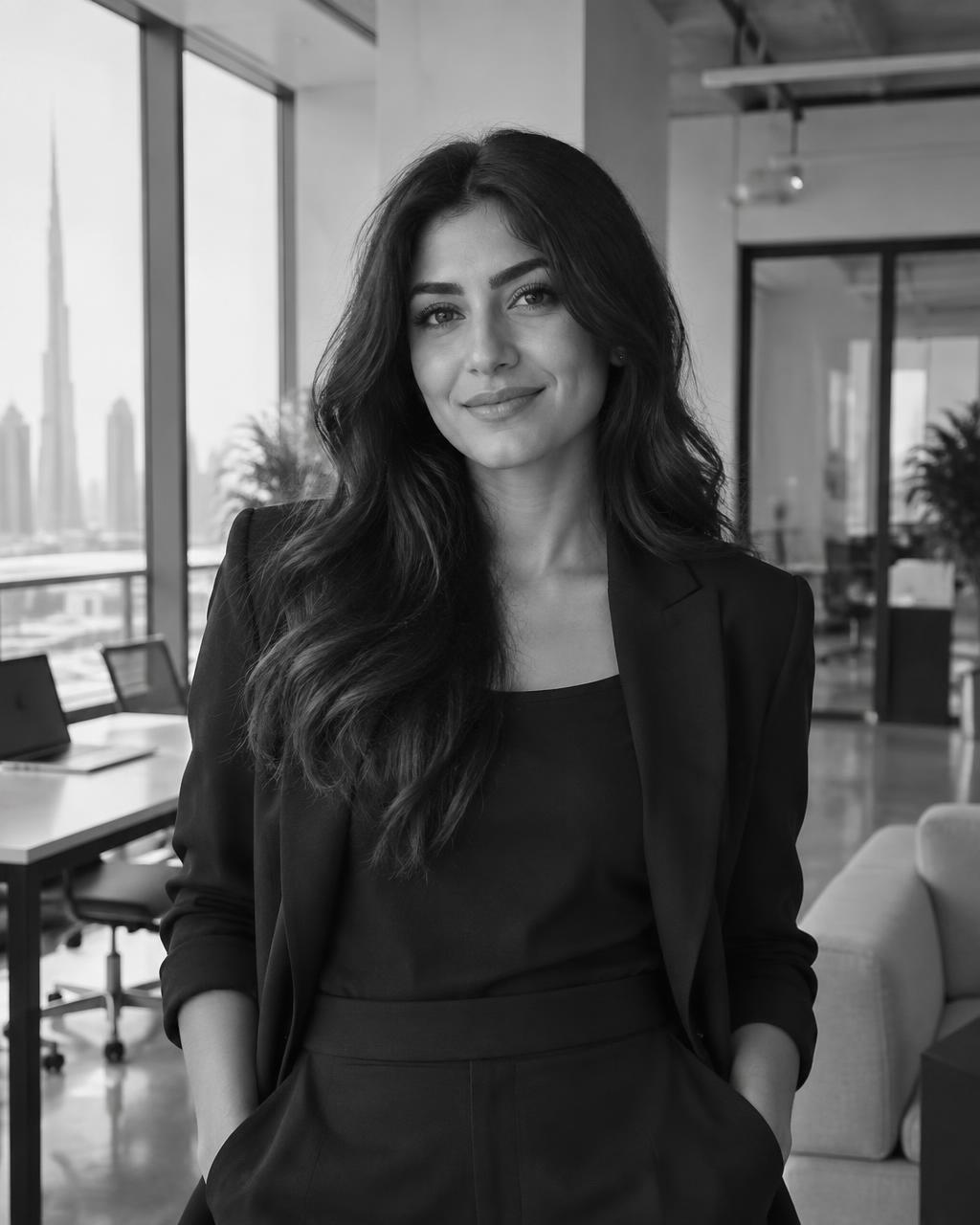 Dana L, senior associate at Daut Labz, in a black suit with the Dubai skyline visible through the office windows behind her.