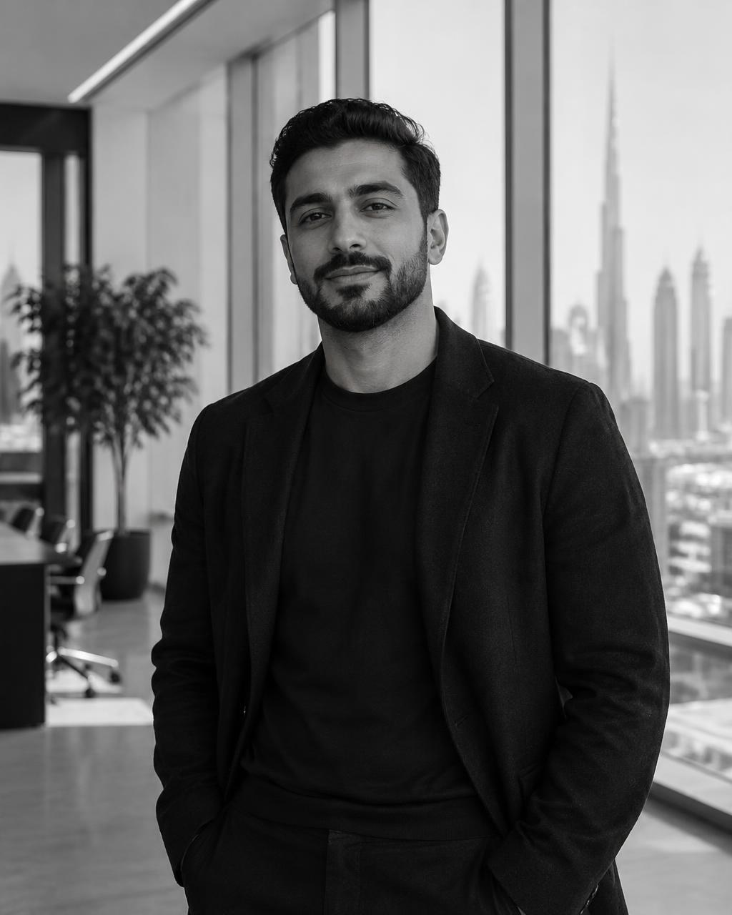 Dany D, operations lead at Daut Labz, in a dark blazer in an office overlooking the Dubai skyline.