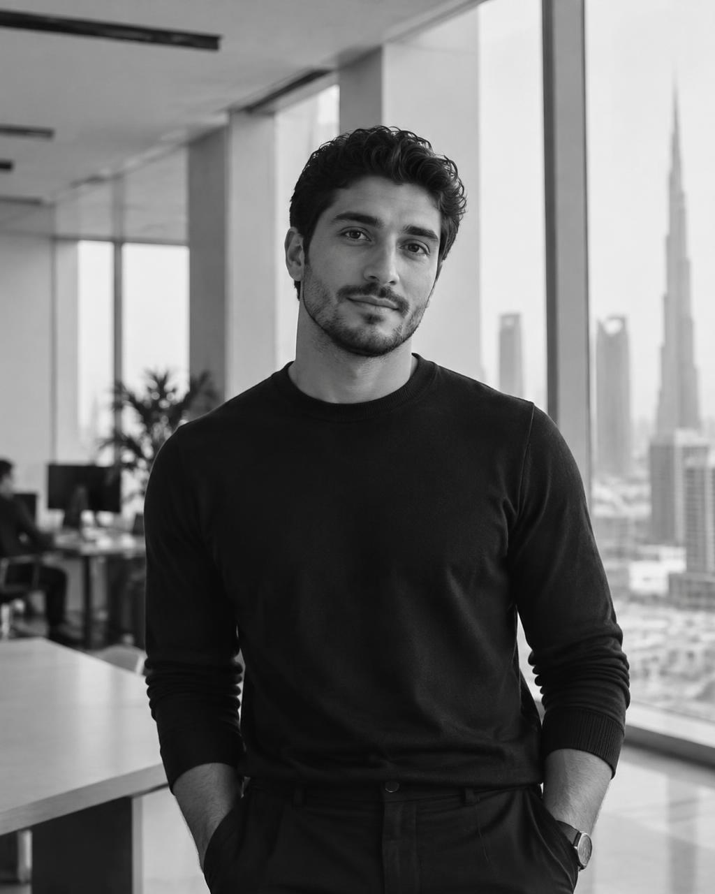 Emilio A, associate at Daut Labz, in a dark sweater in a bright office with the Dubai skyline behind him.