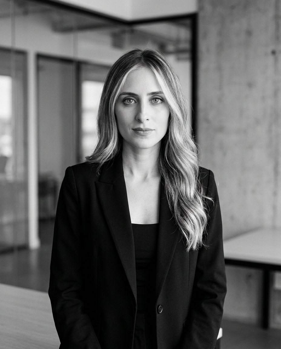 Nadine Imad, chief legal officer of Daut Labz, in a black blazer in a modern glass-walled office.