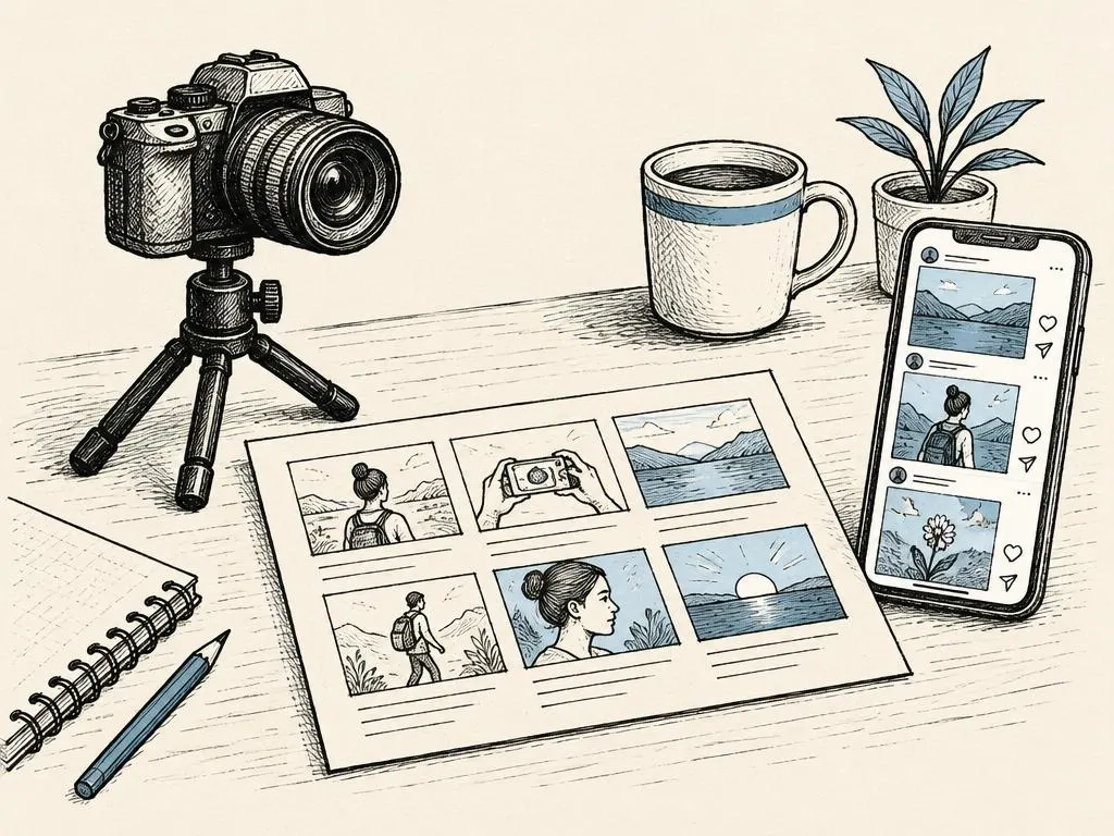 A hand-drawn camera, storyboard sheet, and mobile phone showing a video feed arranged together on a desk.