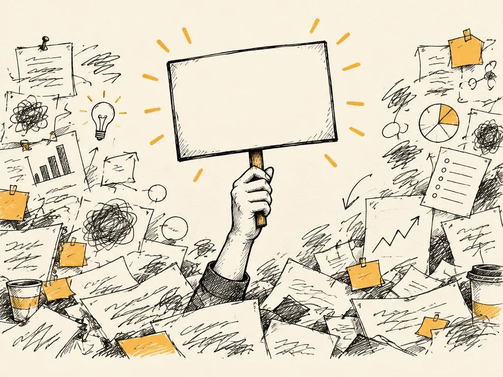 A hand-drawn sign emerging clearly from a cluttered board of vague, overlapping marketing messages.