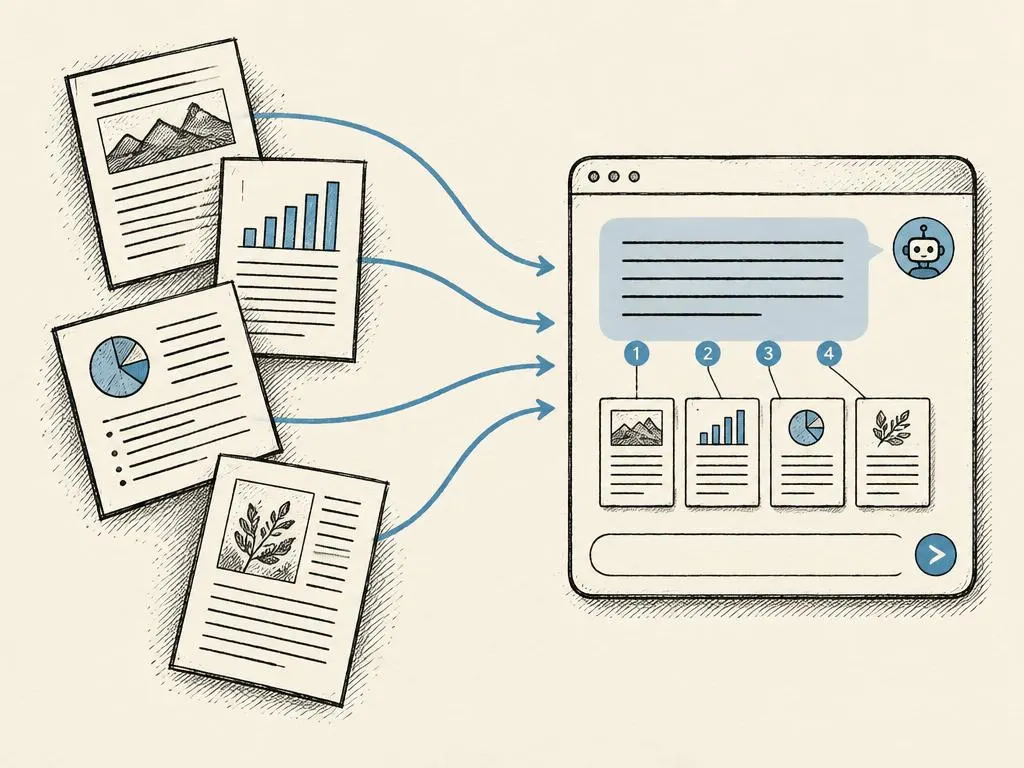 A hand-drawn set of source pages with ink lines feeding into a clearly attributed answer window with citation marks.